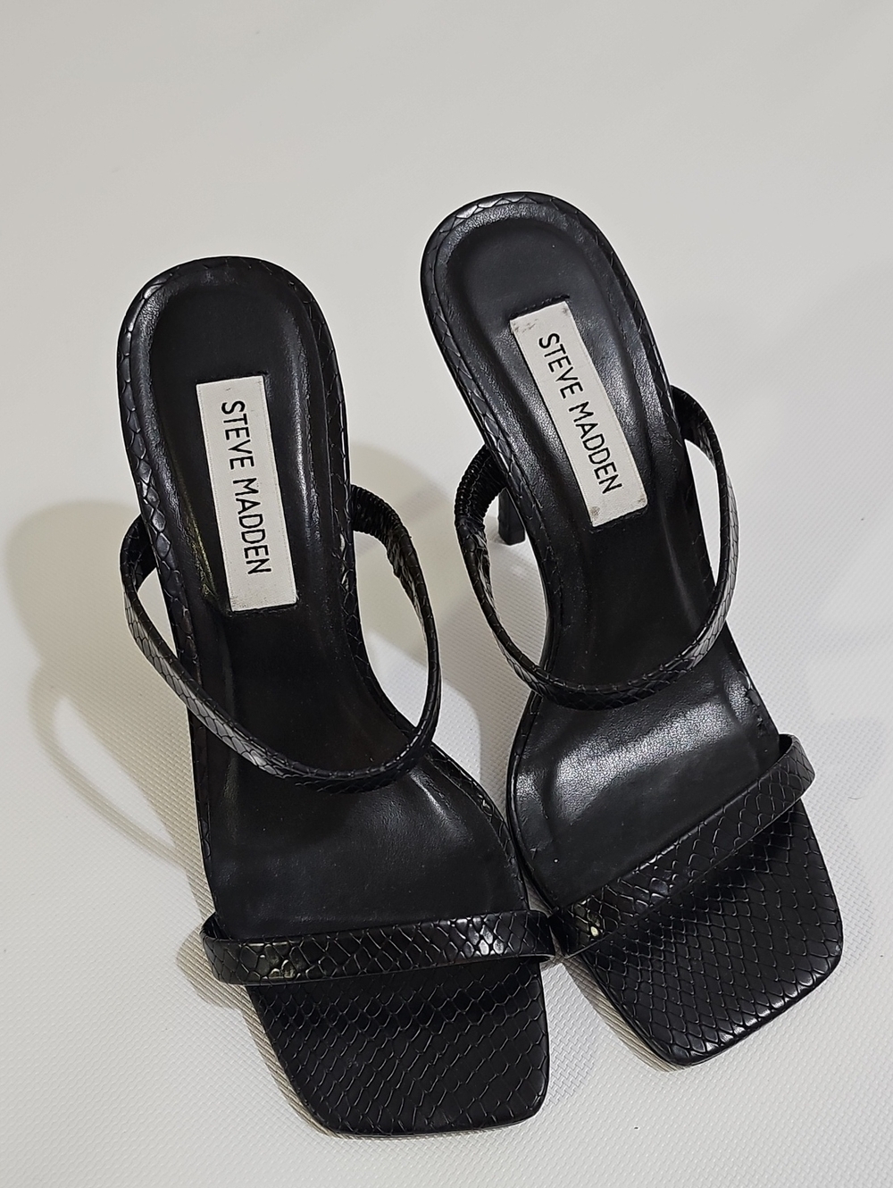 Steve Madden Black Textured Strappy Square-Toe Heels